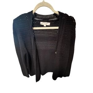 Loft Womens Black Open Knit Button Front Cardigan Sweater Size Medium